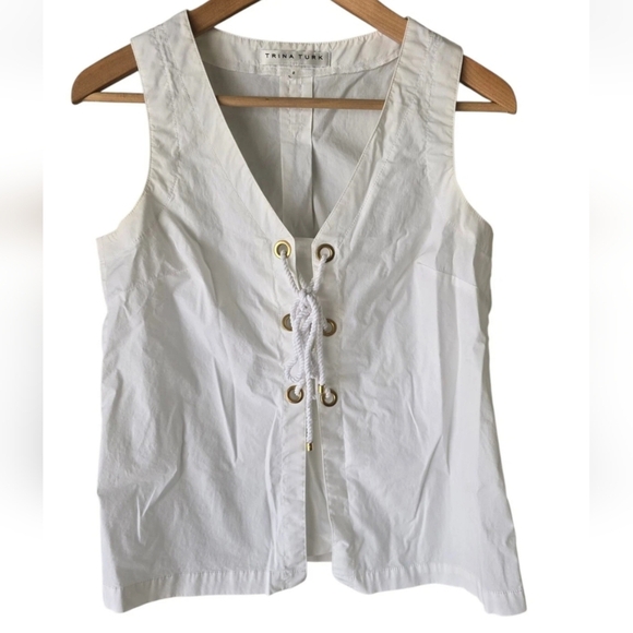 Trina Turk White Nautical Lace-Up Sleveless Top Sz S Tie Front Normcore - Picture 2 of 11